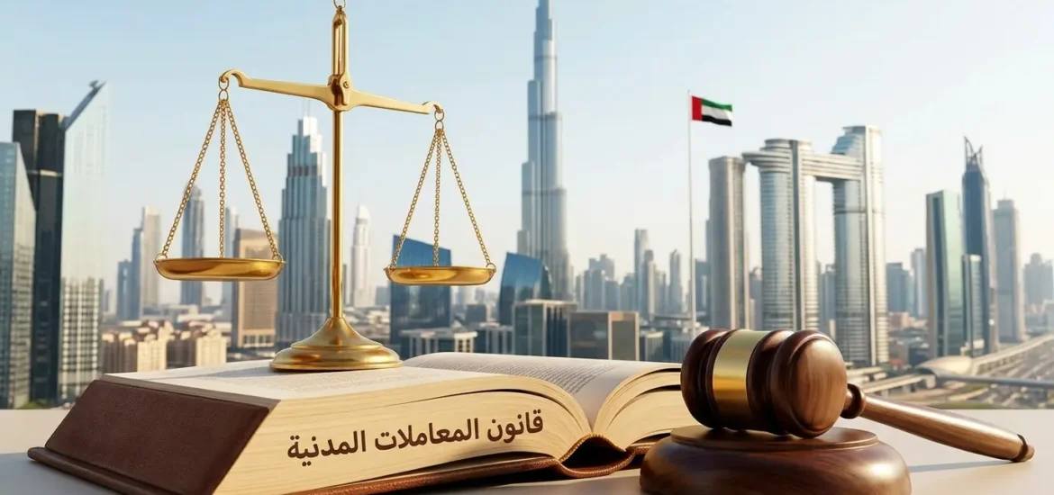 ميزان العدالة وقانون المعاملات المدنية الإماراتي فوق طاولة خشبية وأفق دبي