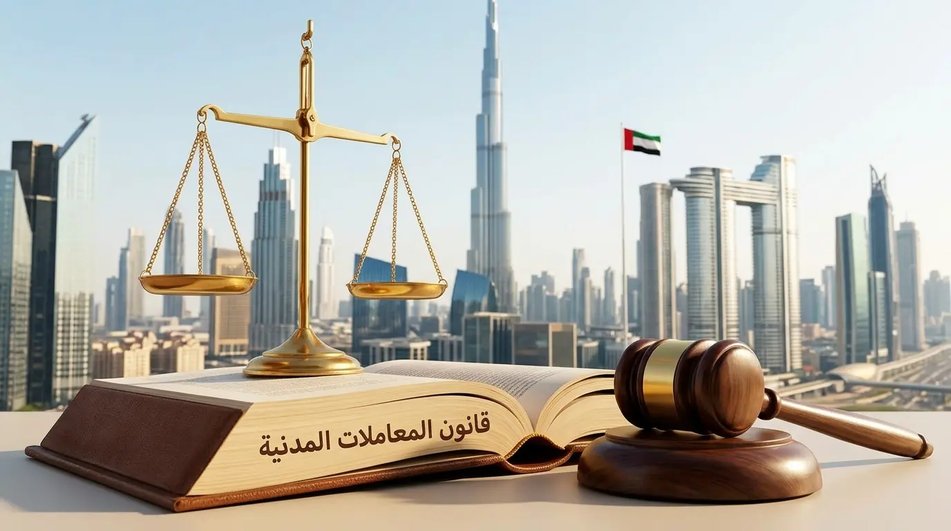 ميزان العدالة وقانون المعاملات المدنية الإماراتي فوق طاولة خشبية وأفق دبي