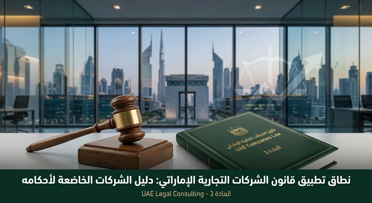 واجهة مكتب محاماة مع مطرقة قاضي وكتب قانونية وقرار وزاري إماراتي